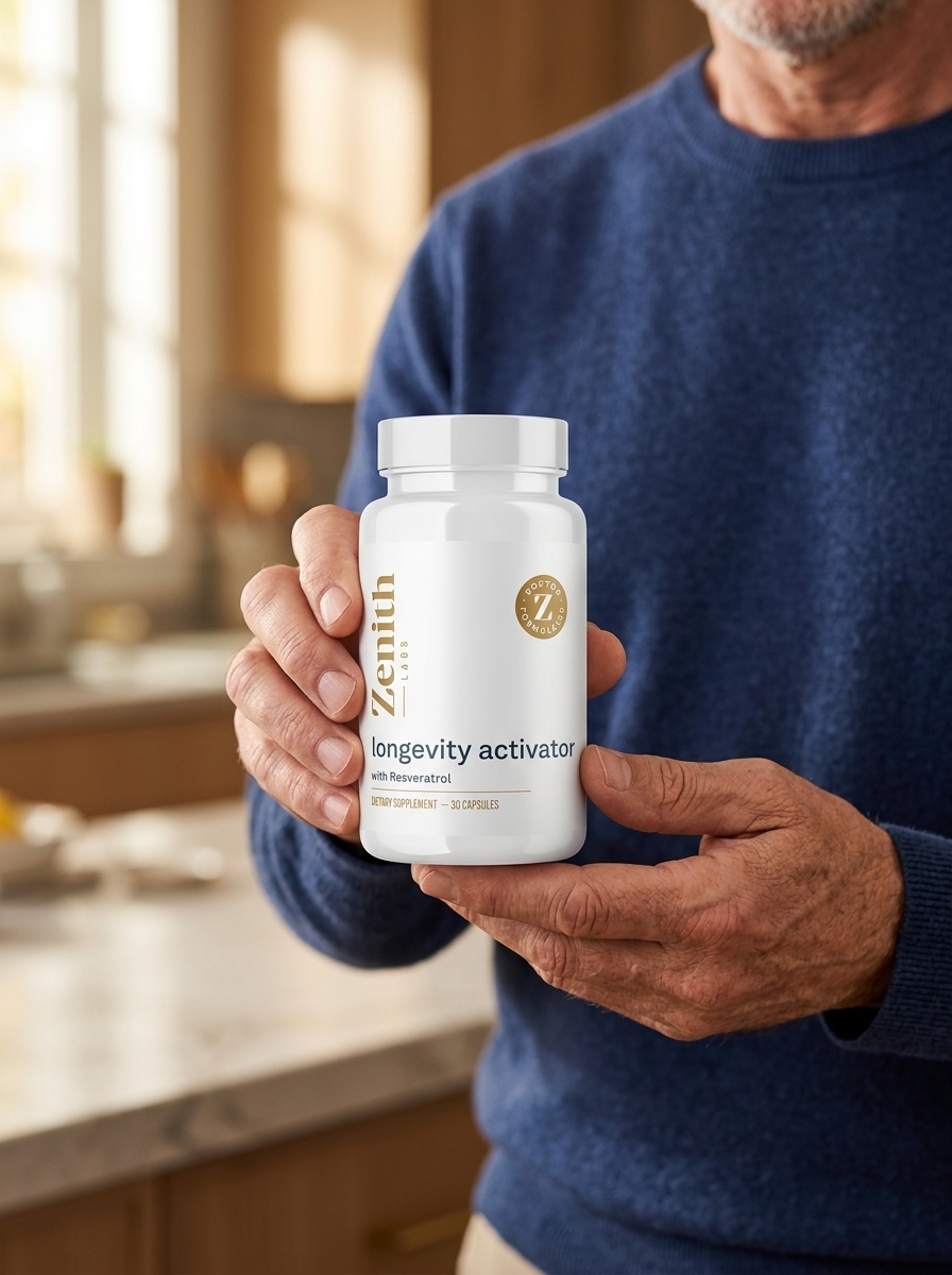 Longevity Activator bottle held by mature man