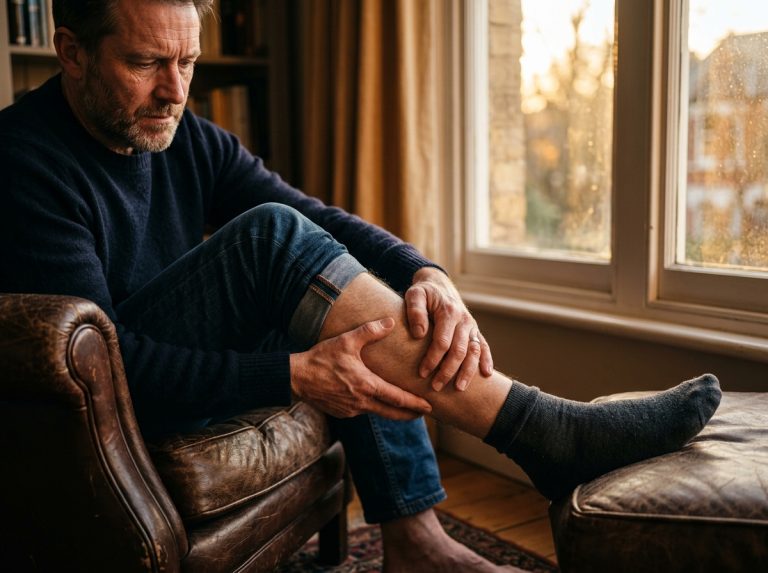 man massaging calf muscle in evening light
