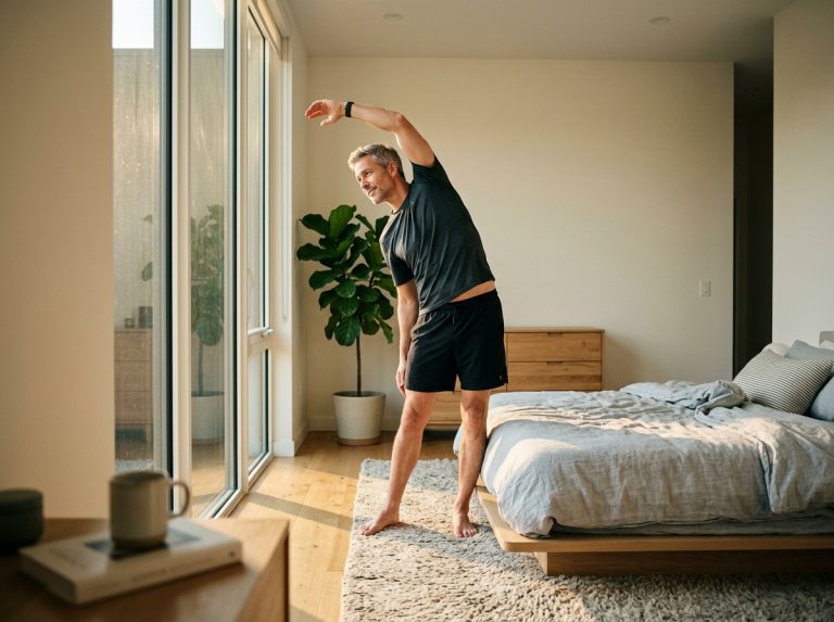 middle aged man stretching energetically morning light