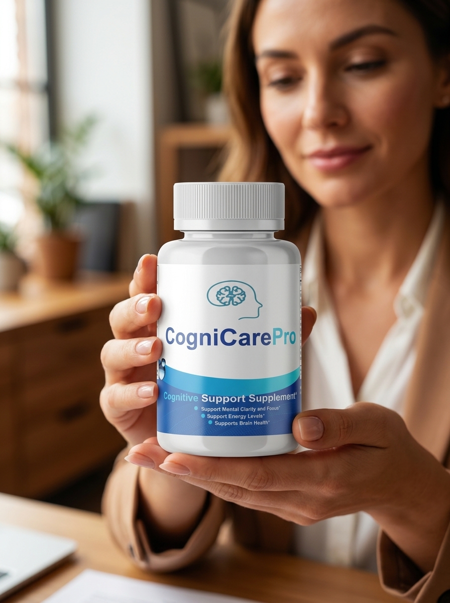 CogniCare Pro brain supplement bottle held confidently