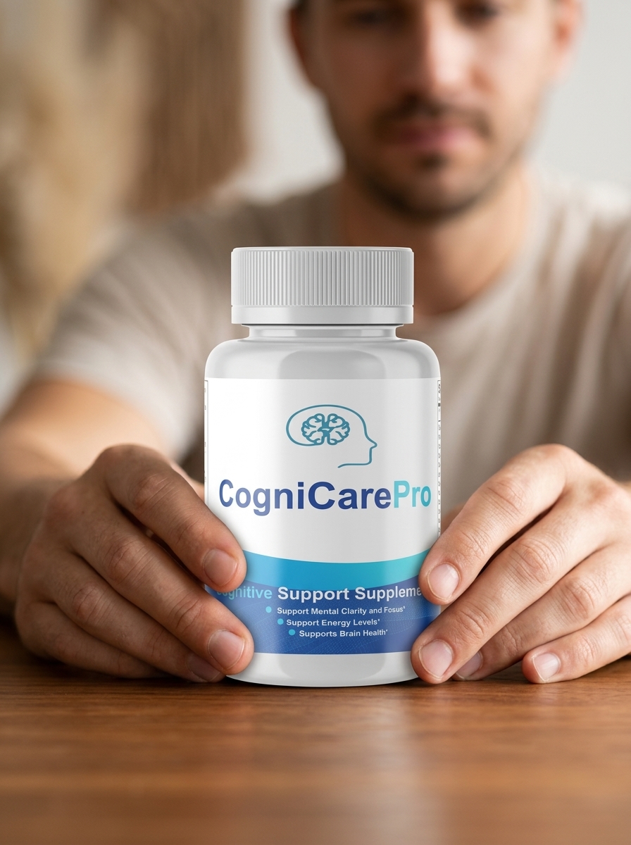 CogniCare Pro brain supplement bottle held carefully
