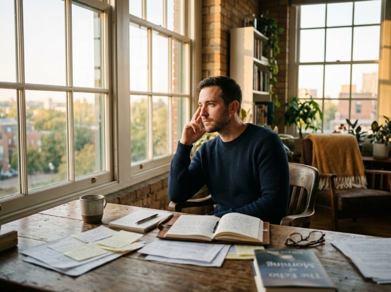 man contemplating at desk with morning light