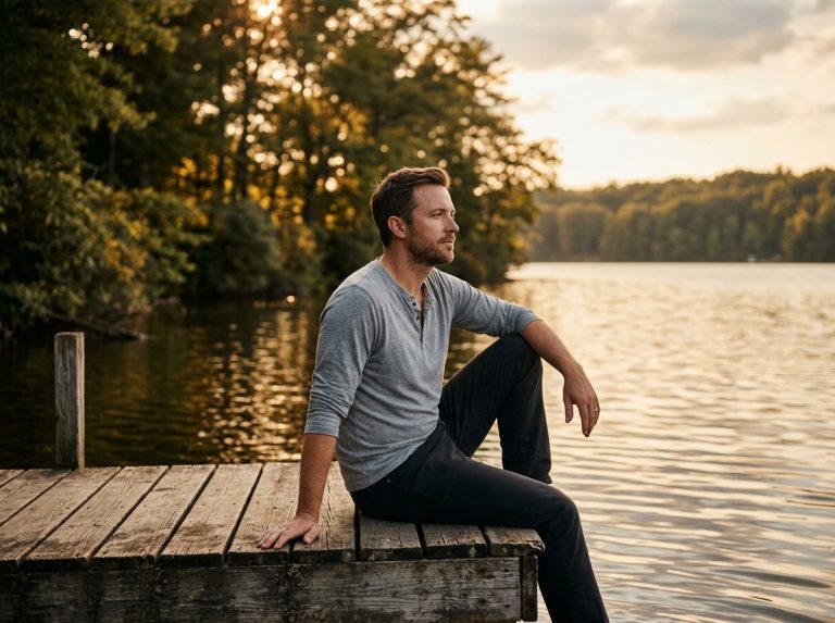 man contemplating energy renewal at peaceful lakeside dock