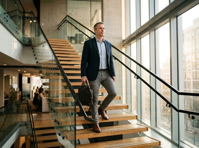 confident man climbing stairs with ease
