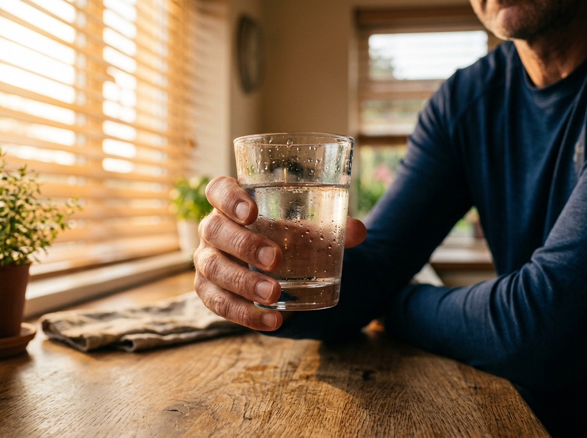 Man holding water glass morning sunlight