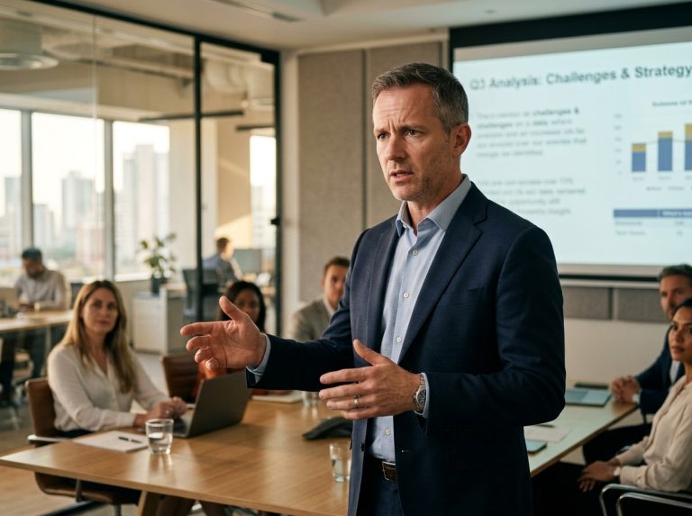 man presenting in conference room looking concerned