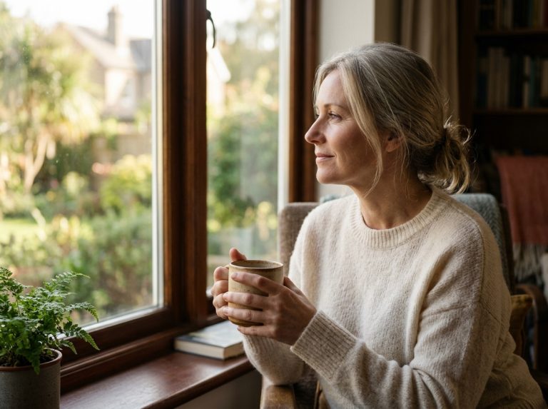 woman by window morning light contemplative peaceful