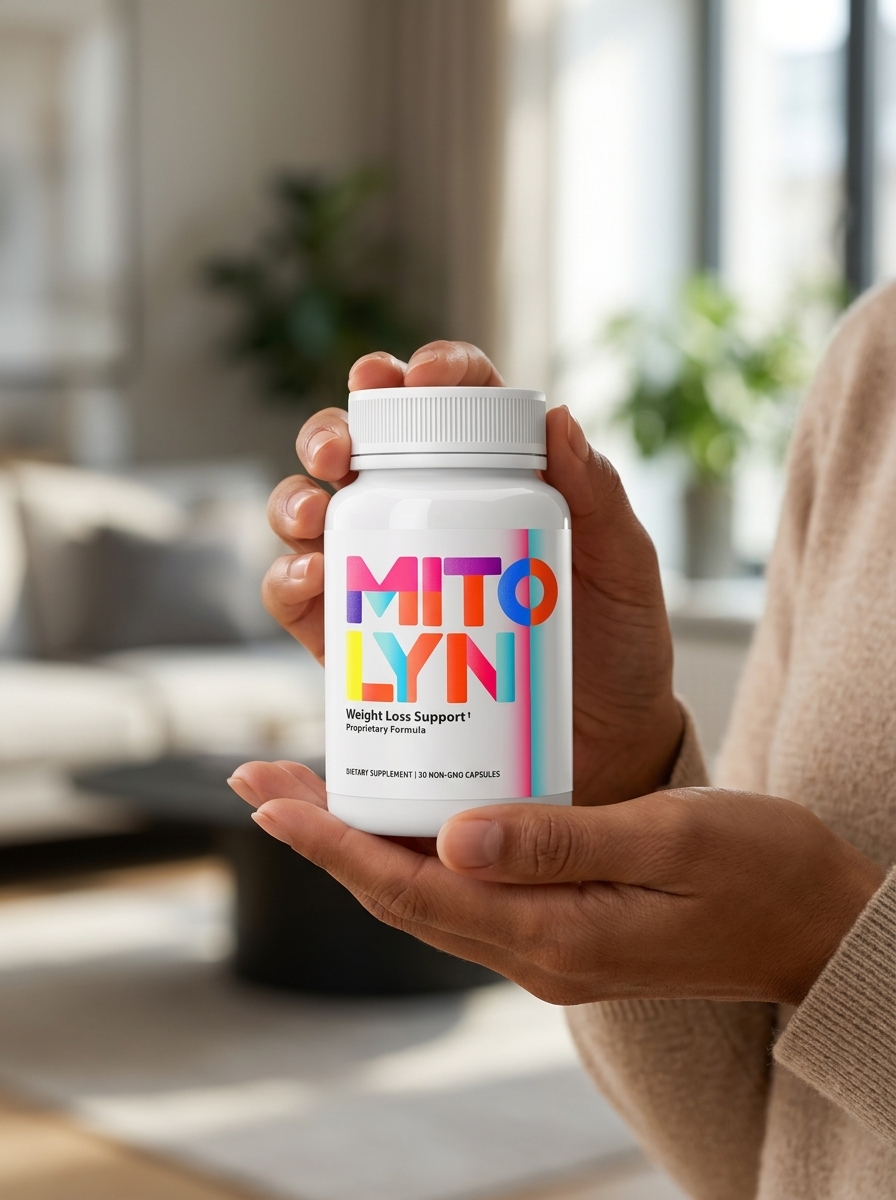 Mitolyn mitochondria support supplement bottle held gently