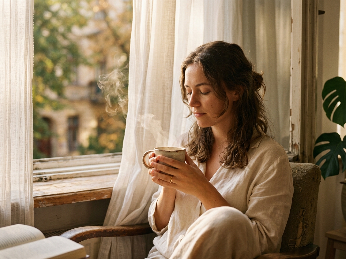 woman holding warm tea in golden light