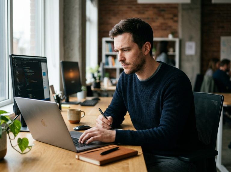 man working focused at desk natural lighting