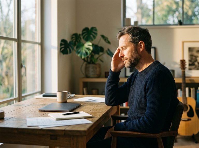 man contemplating at desk in morning light