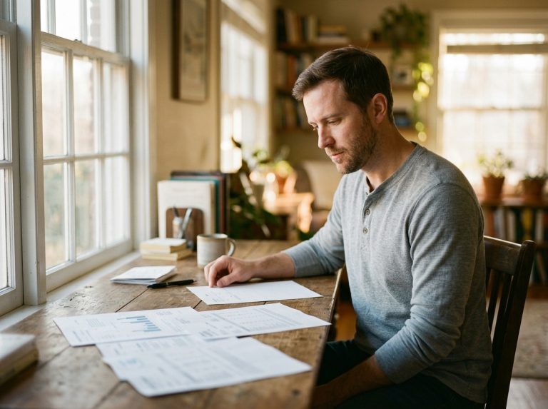 man reviewing health results in morning light