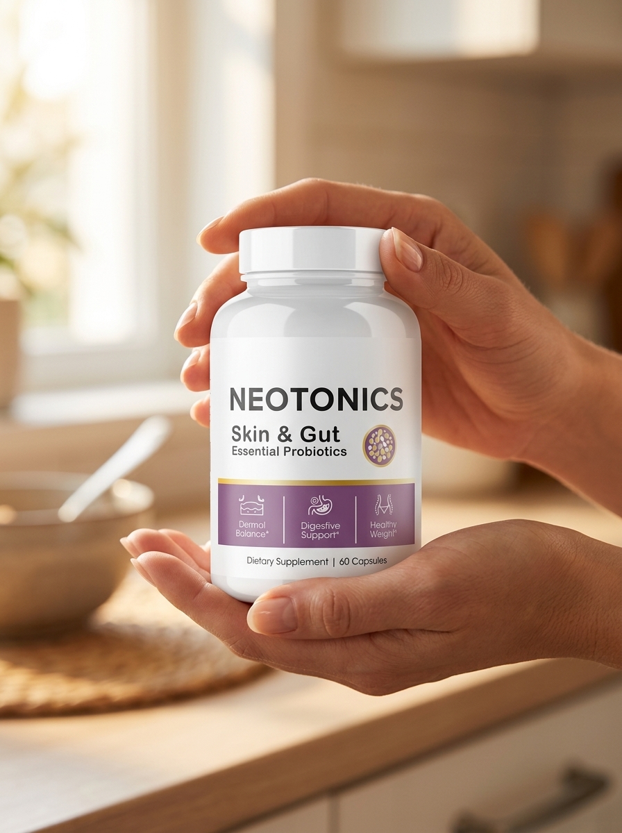 Neotonics bottle held gently in womans hands kitchen setting