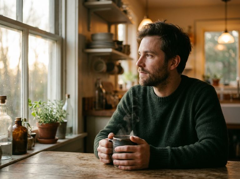 man contemplating morning energy at dawn