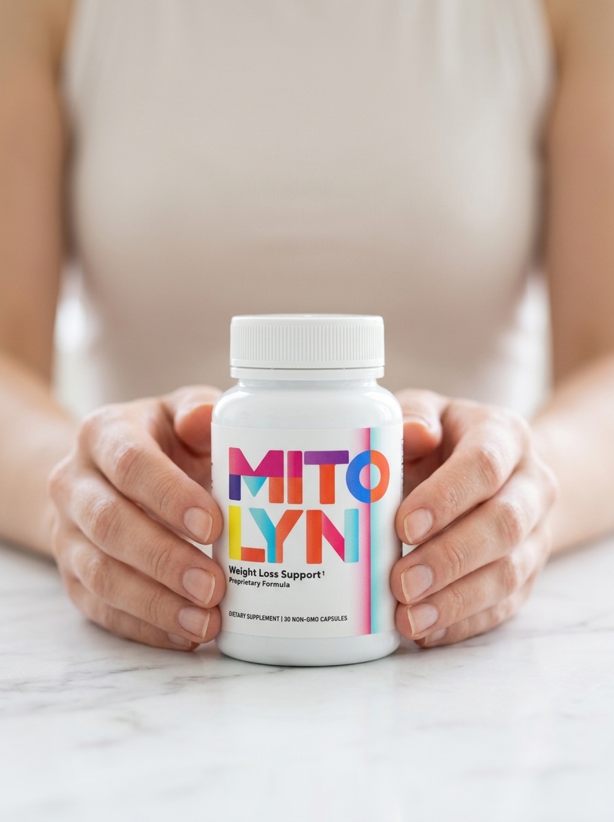 Mitolyn mitochondria support supplement bottle held gently