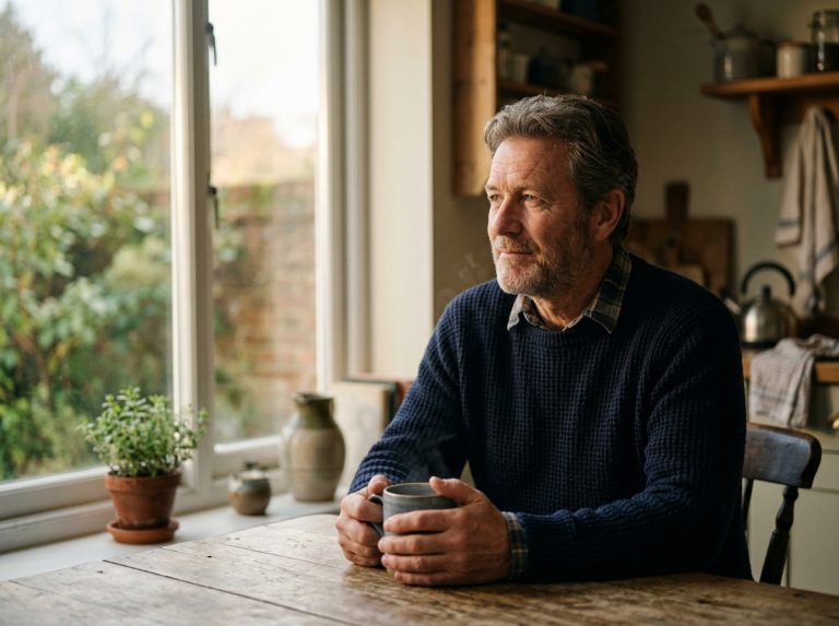 man with coffee contemplating by window