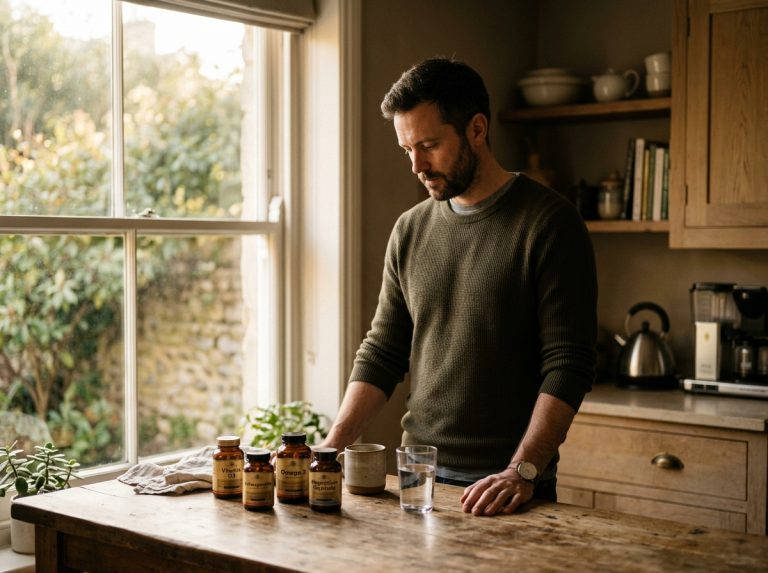 man contemplating supplements in morning kitchen light