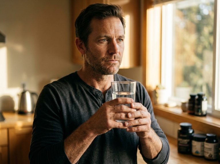 man holding water glass morning light contemplative