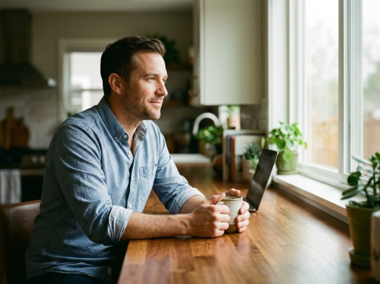 man enjoying morning coffee with natural energy