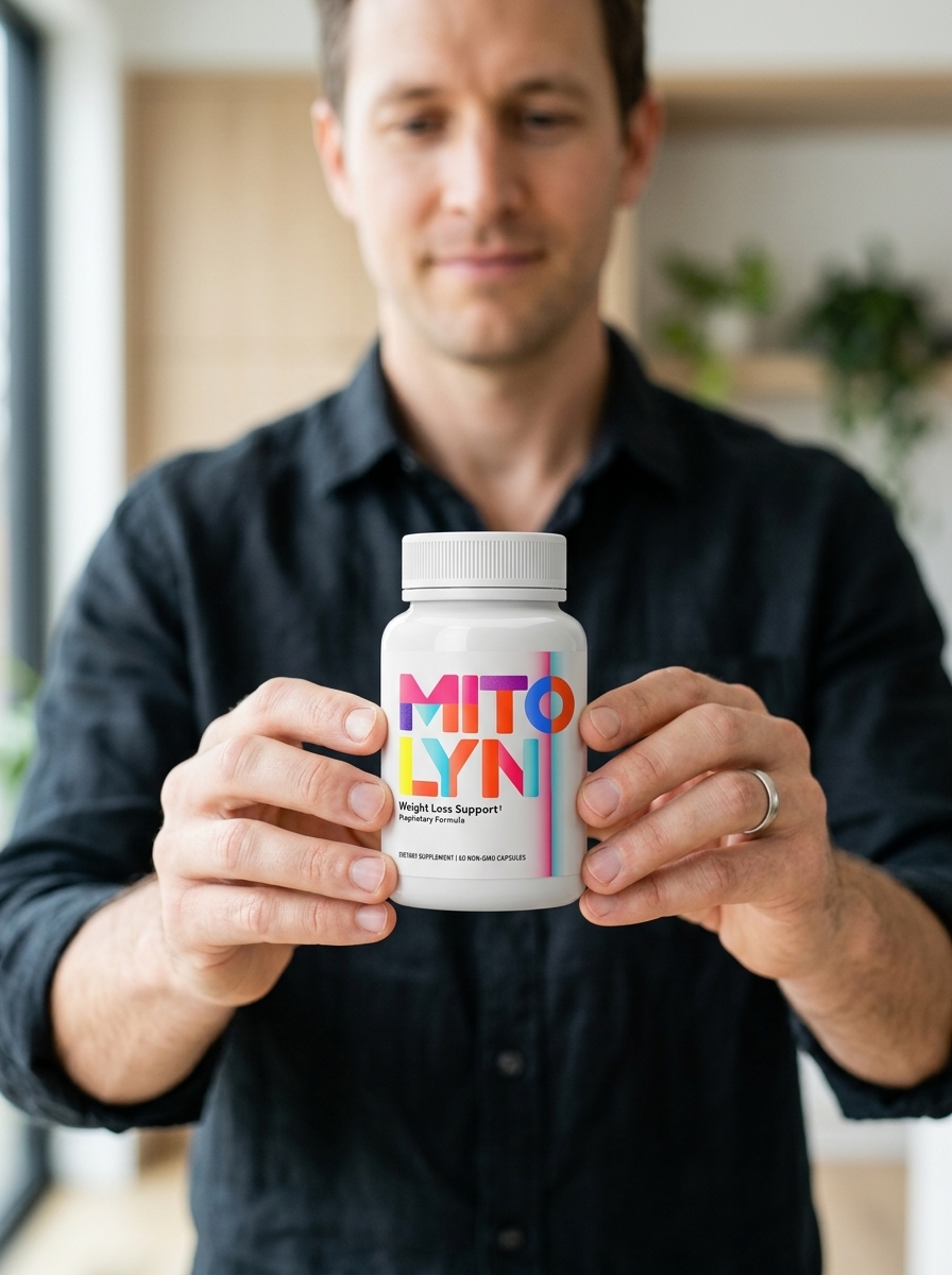 Mitolyn mitochondrial support supplement bottle held confidently