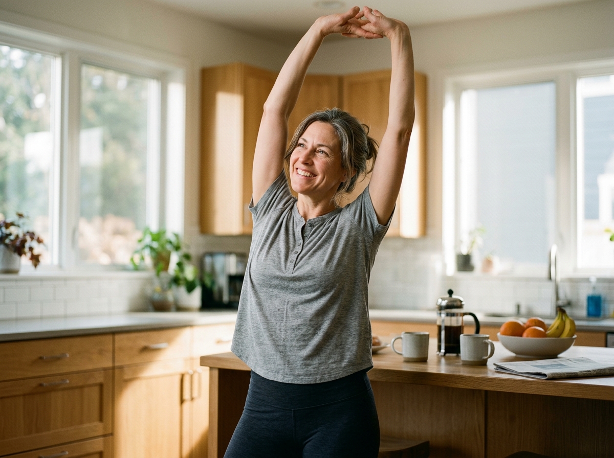 Woman stretching with genuine vitality in morning kitchen