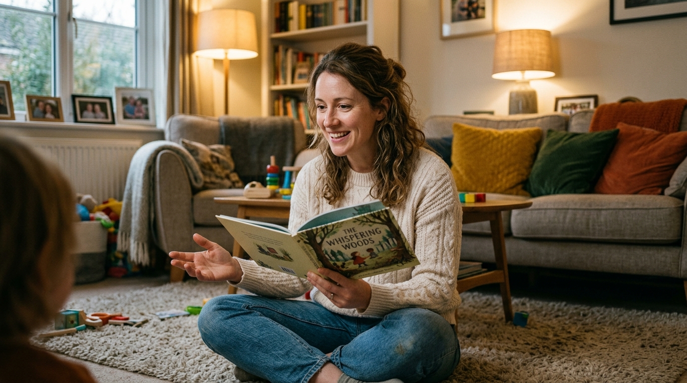 Mother reading energetically to children during evening routine