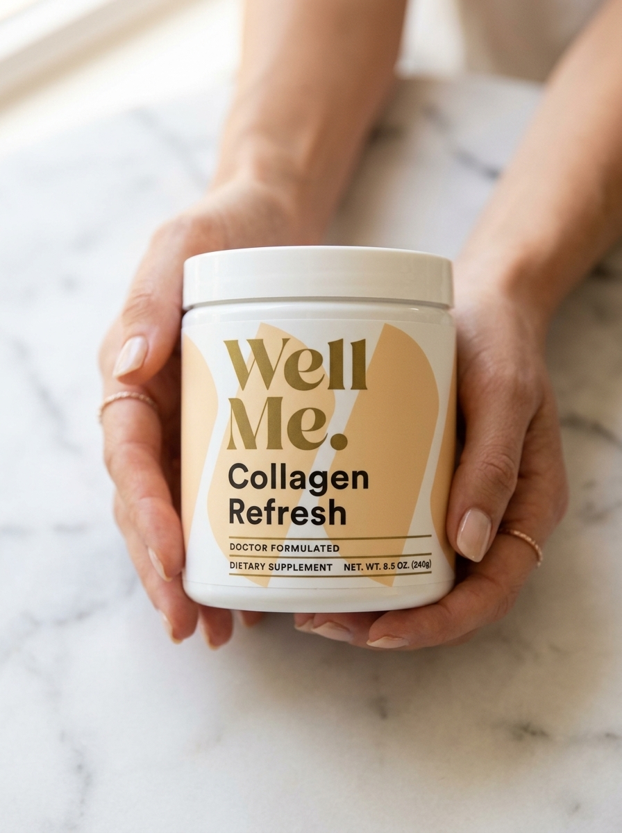 Collagen Refresh bottle held in caring hands