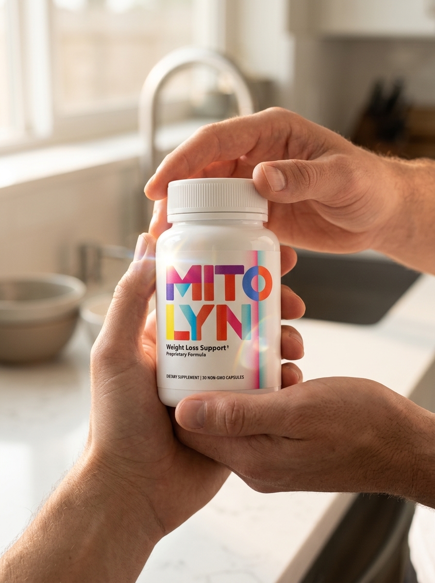 Mitolyn supplement bottle held by hands clean kitchen