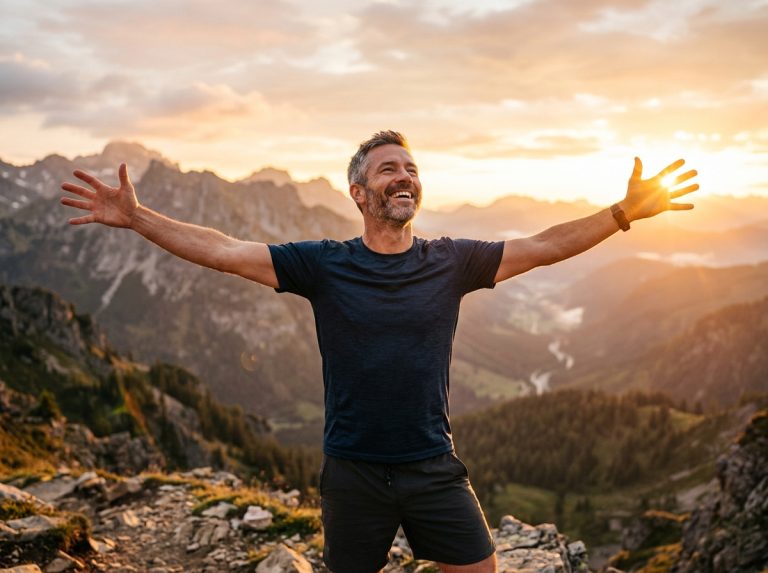 man stretching energetically at sunrise mountain view