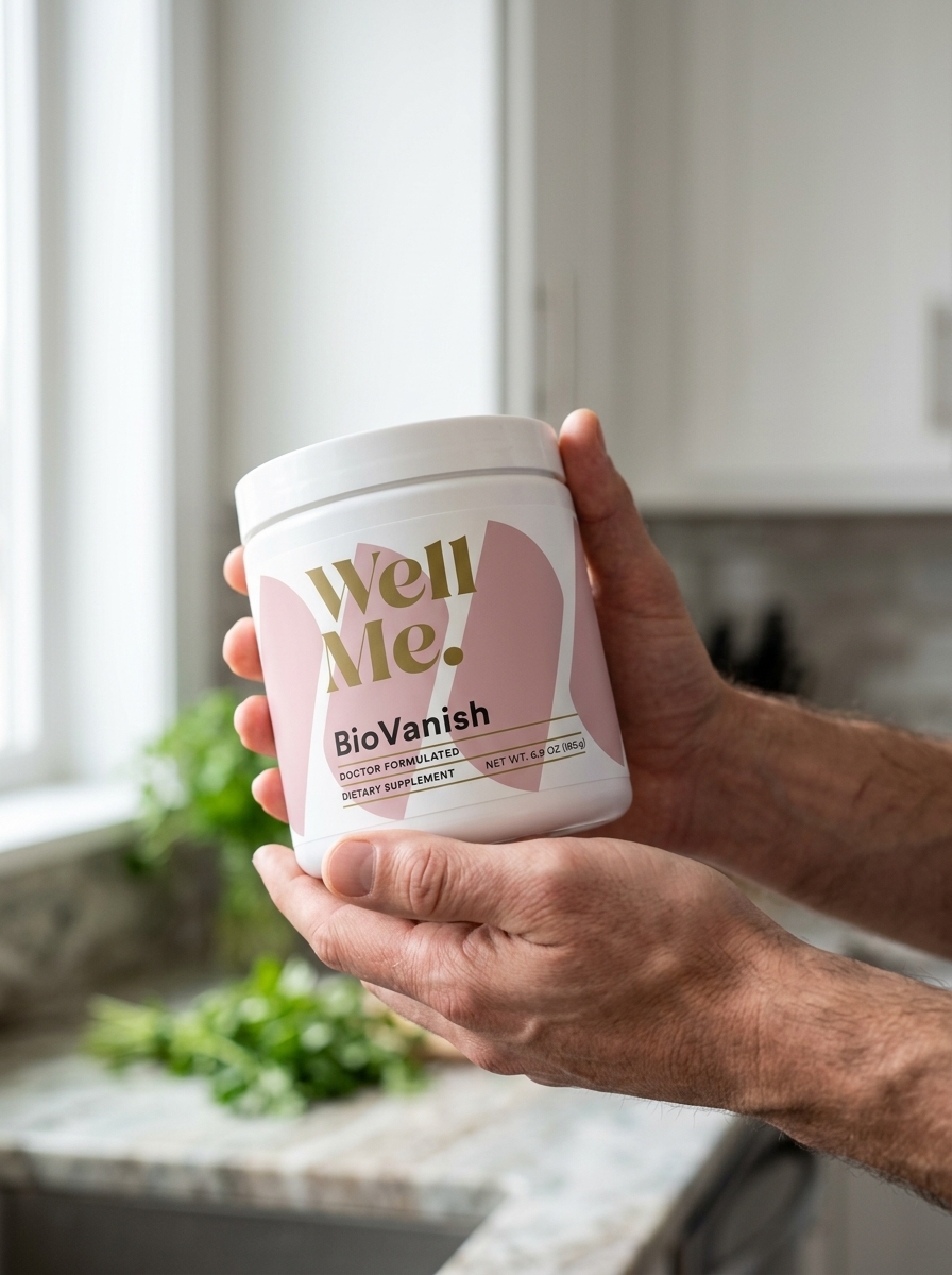 BioVanish supplement bottle held by man