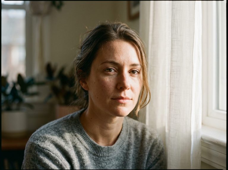 woman in contemplative morning light close portrait