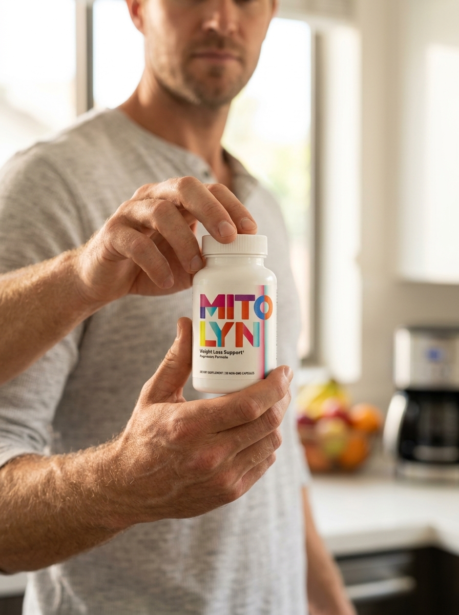 Mitolyn mitochondrial supplement bottle held by man
