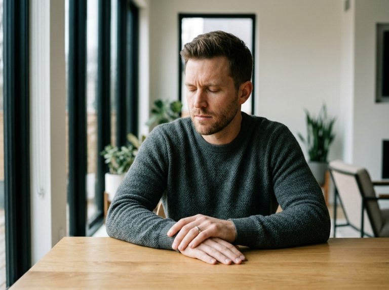 focused man in contemplative moment natural light
