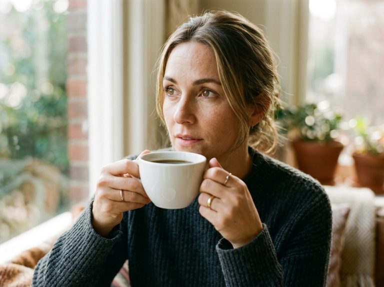 woman contemplating morning coffee cellular health