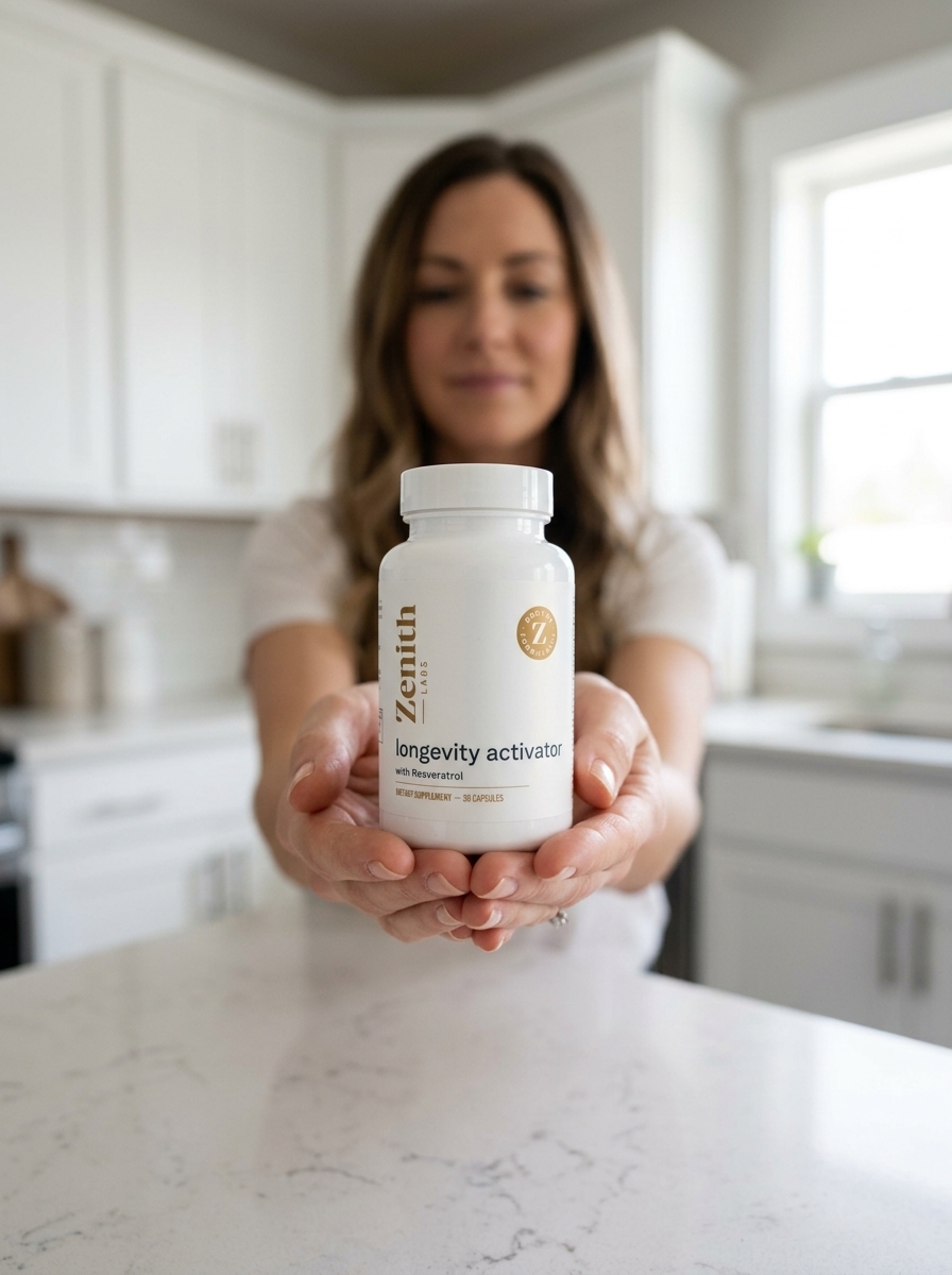 Longevity Activator anti-aging supplement bottle held prominently