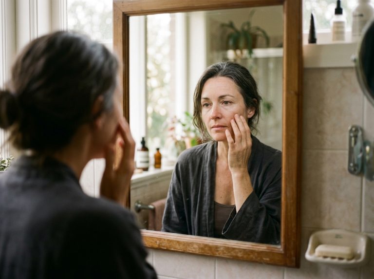 woman examining her reflection contemplatively in mirror
