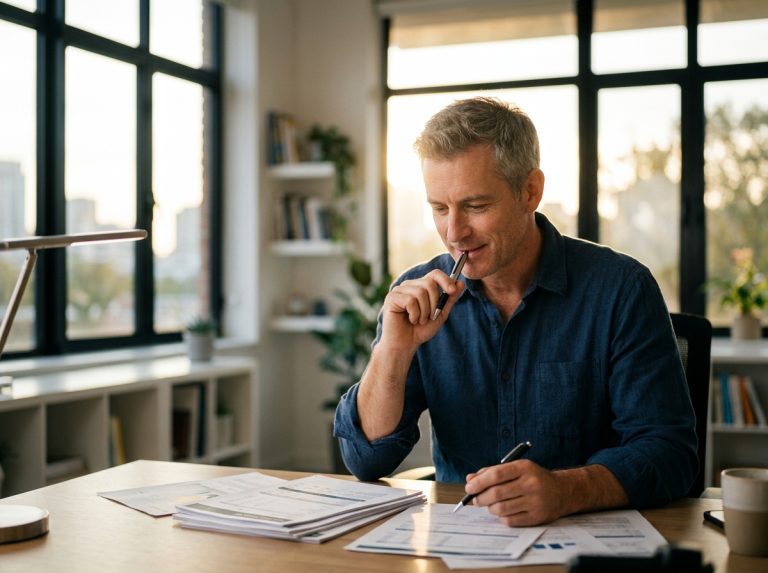 man working thoughtfully at desk morning light