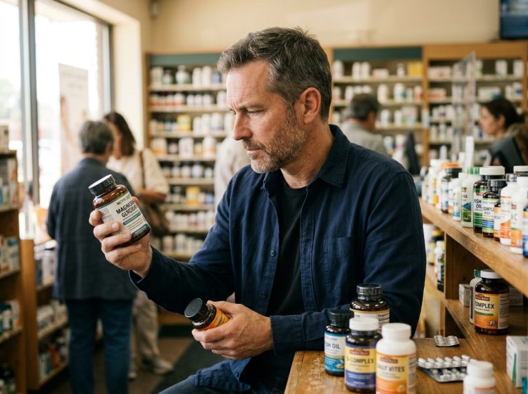 man examining supplement bottles thoughtfully