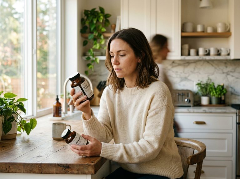 woman contemplating supplement choices at kitchen counter