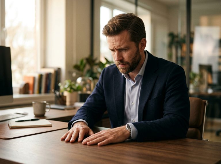 man examining hands with concern at desk
