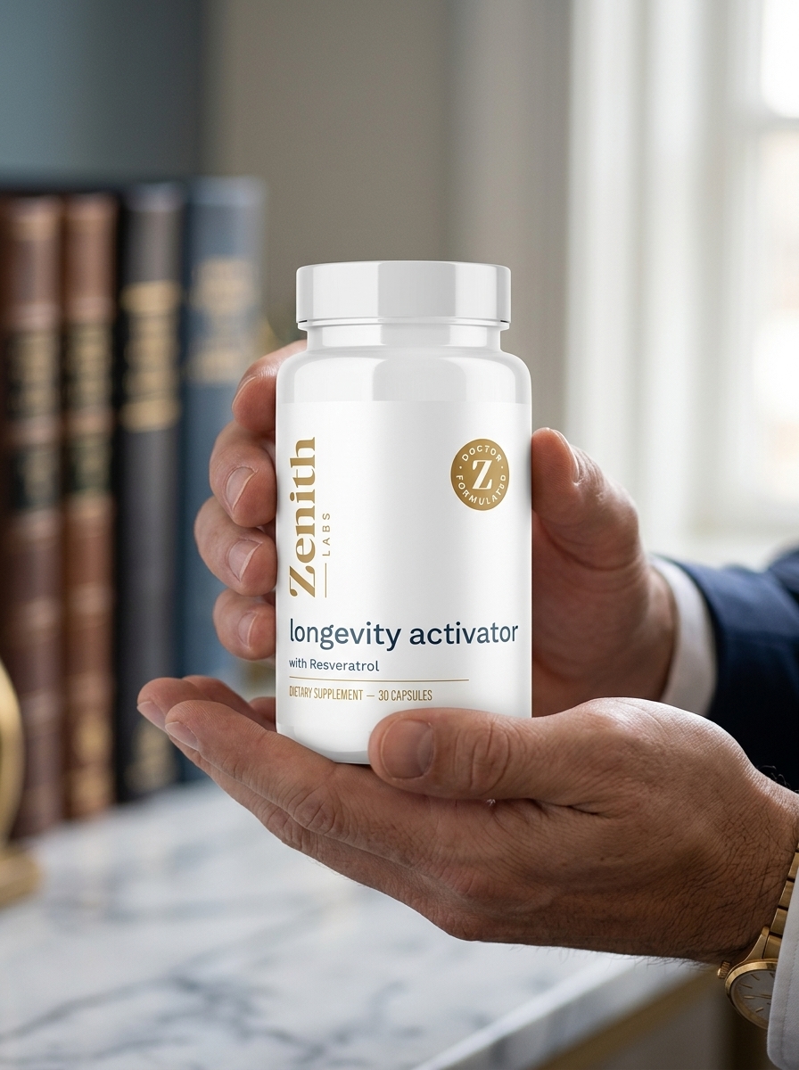 Longevity Activator supplement bottle held by mature man