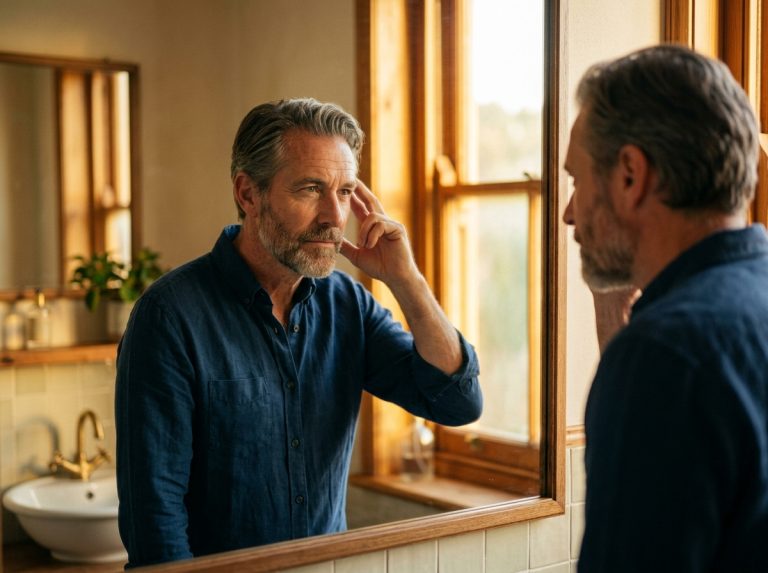 man contemplating aging in mirror with golden light
