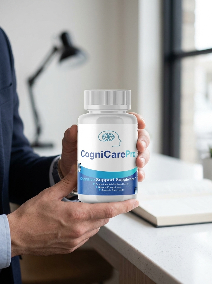 CogniCare Pro brain supplement bottle held by focused man