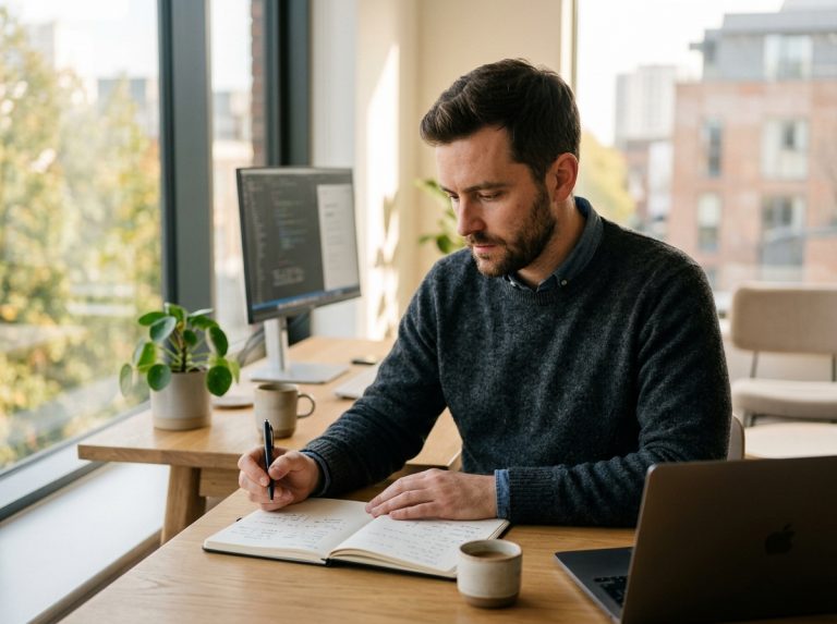 Man working thoughtfully at desk with natural light