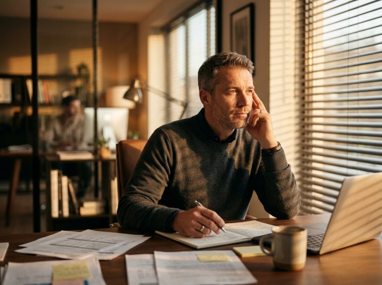 man contemplating at desk during afternoon light