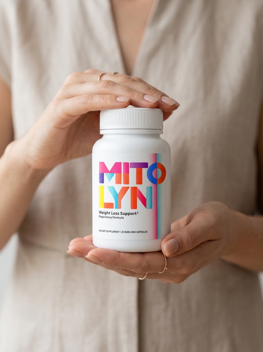 Mitolyn supplement bottle held by woman hands natural lighting