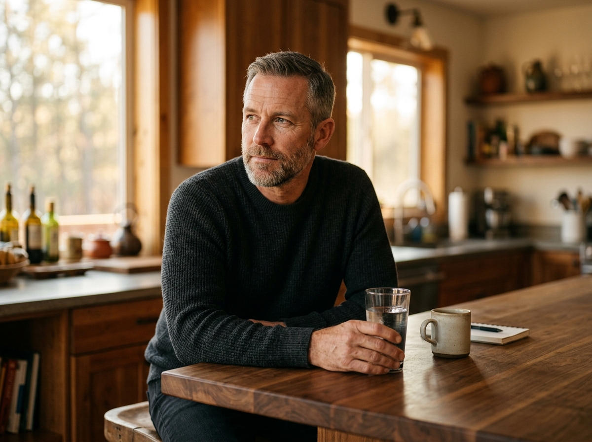 Man contemplating morning routine with determination