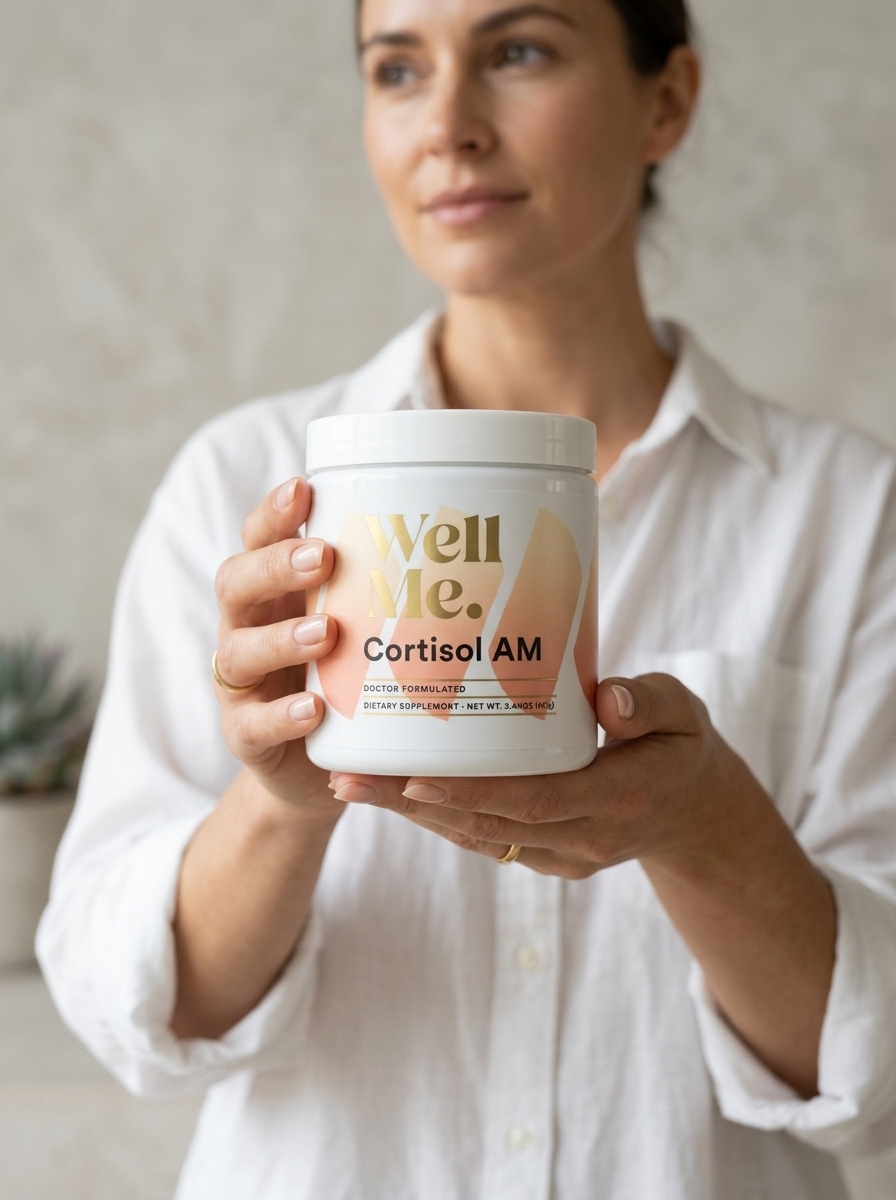 Woman holding Cortisol AM supplement for stress management