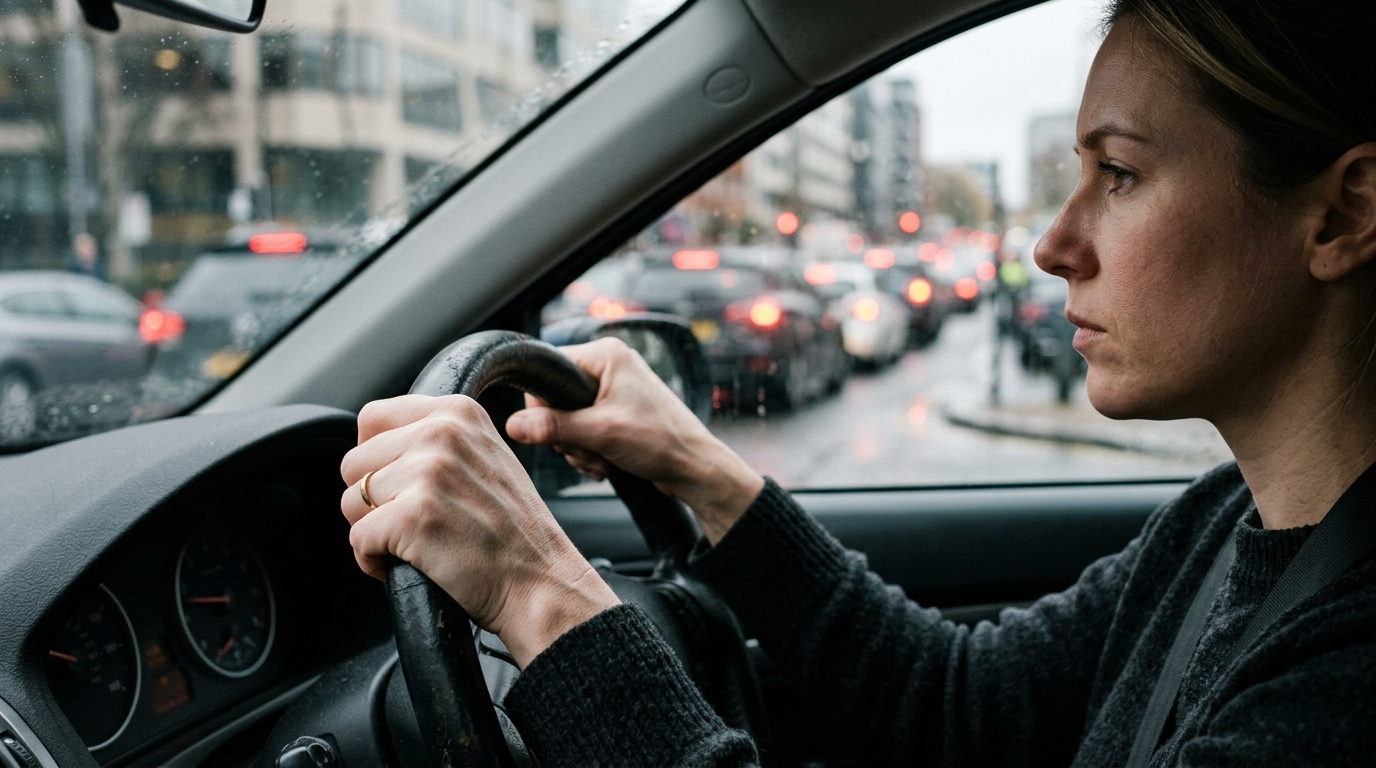 Woman experiencing morning commute stress response