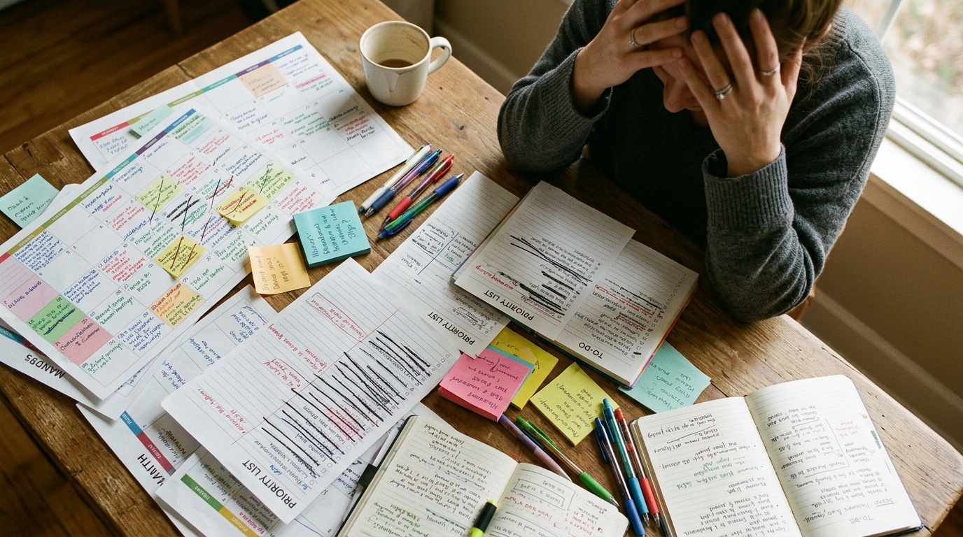 Overwhelmed planning systems scattered on desk